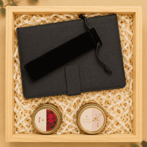 Elegant gift box with black notebook and pen, perfect for luxury gifting.
