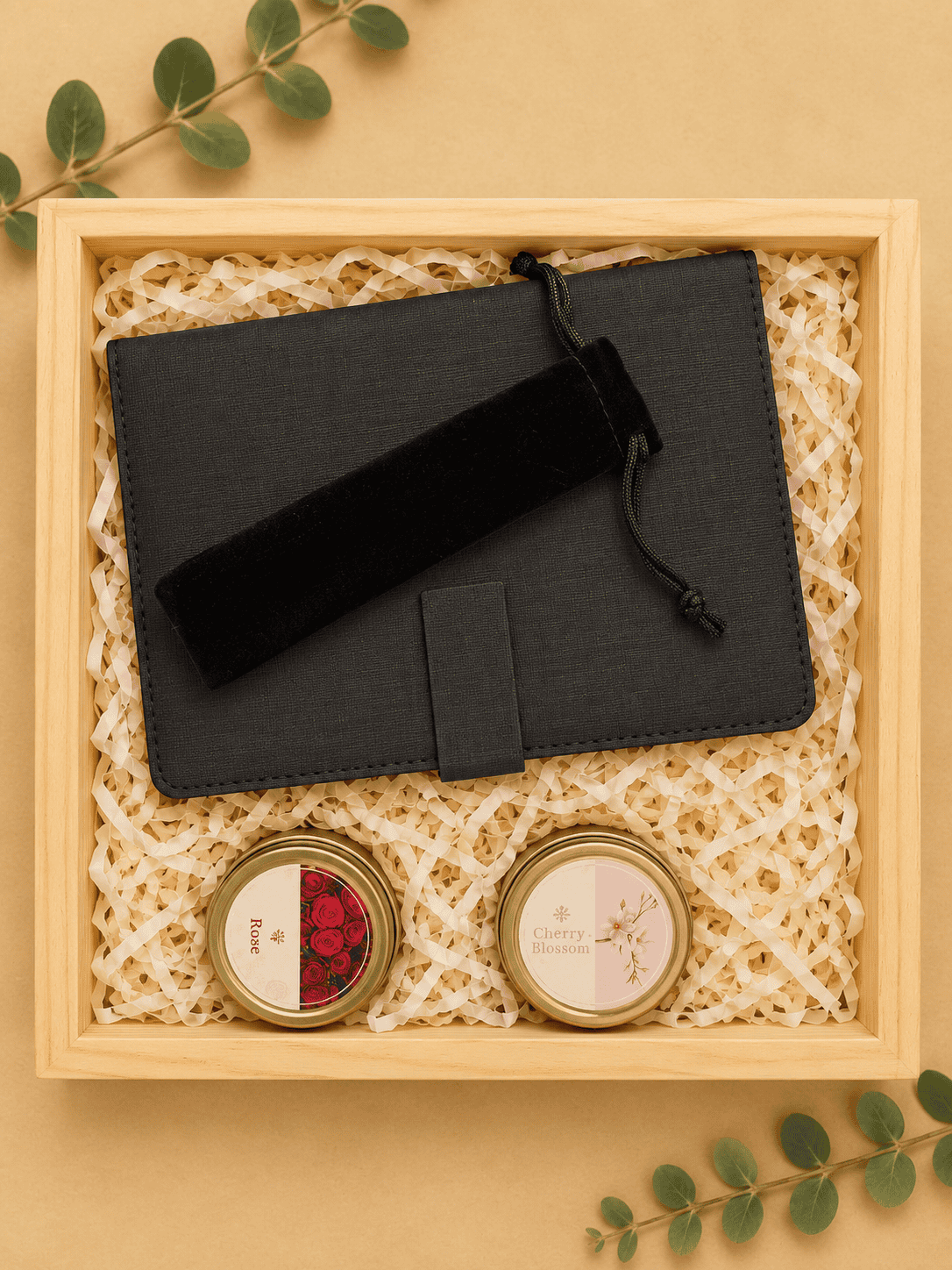 Elegant gift box with black notebook and pen, perfect for luxury gifting.