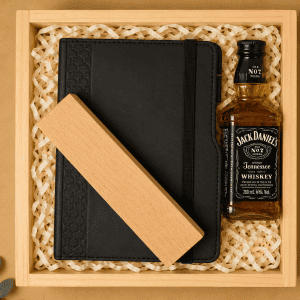 Elegant gift set with notebook, whiskey, and wooden box for The Marksman Executive Gift Box.